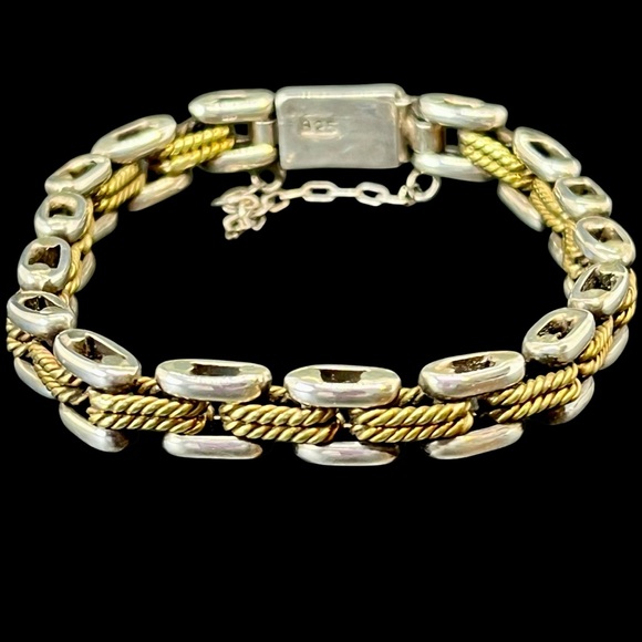 Jewelry - Vintage Sterling Silver and Brass Brick Link Box Clasp Bracelet Mexico 7.5" L
